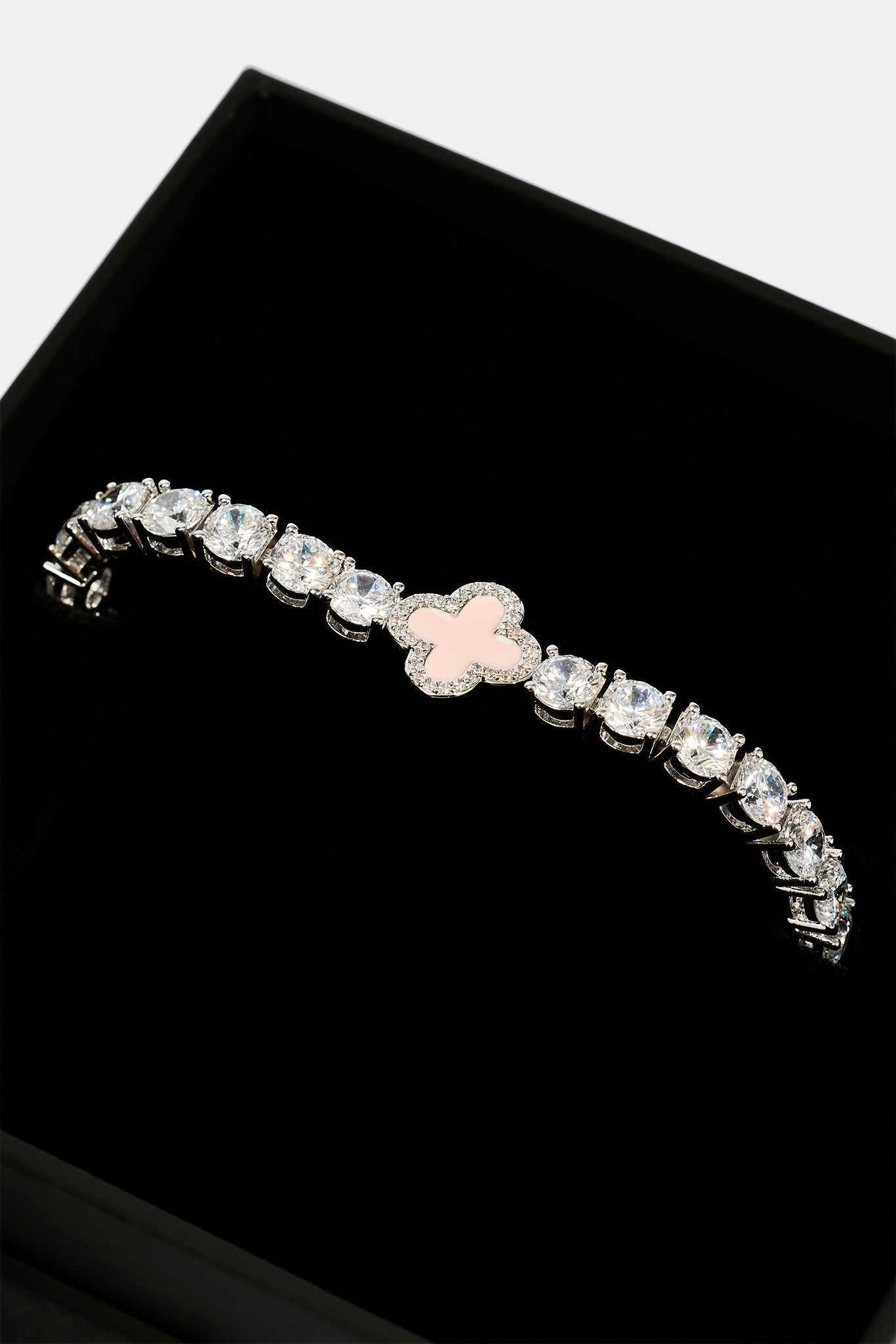 Iced Pink Motif Charm Tennis Bracelet - White 5mm & Medium Premium Gift Box